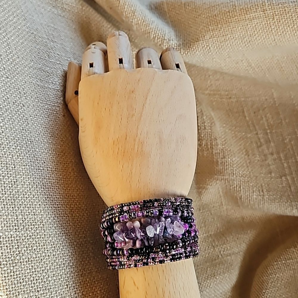 Whimsy Goth Beaded Cuff Bracelet Purple Black Pink - Picture 2 of 8